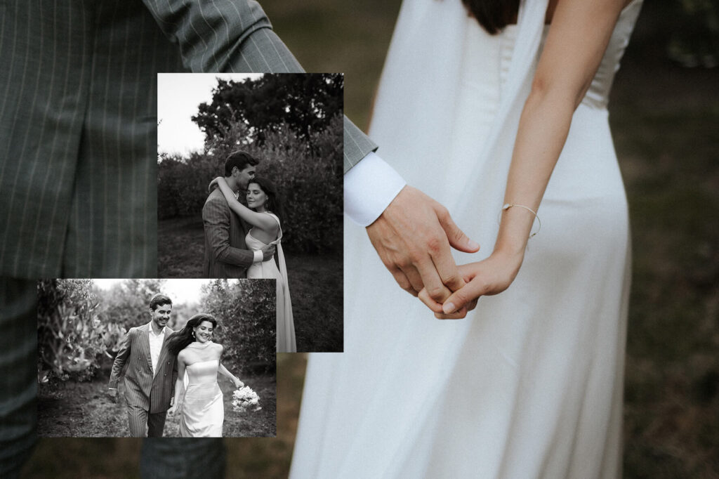 fotografije mladenaca, jedna fotografija na kojoj se grle, jedna na kojoj trče i jedna na kojoj su prikazane samo njihove ruke